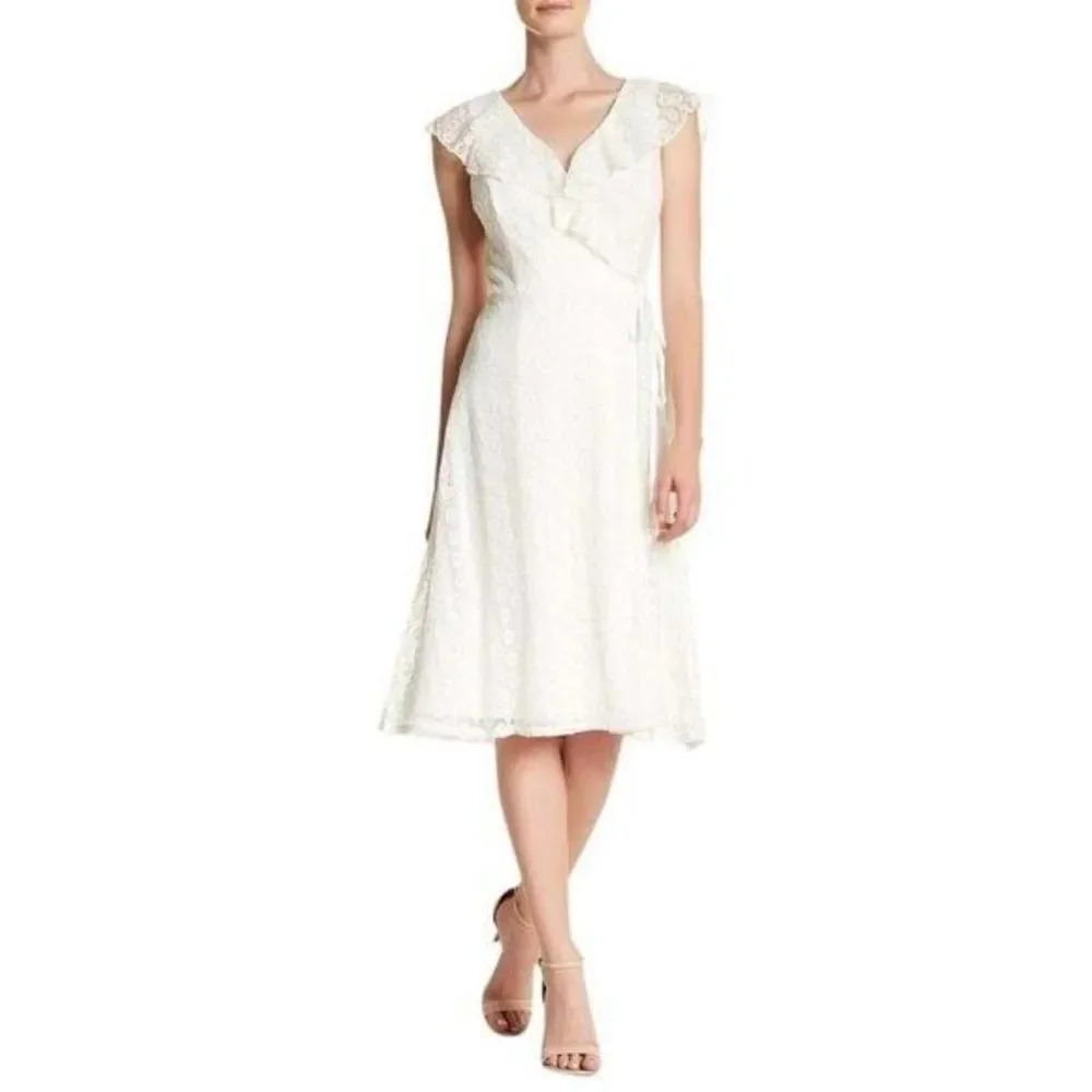Chelsea28 White Lace Wrap Ruffle Midi Dress S